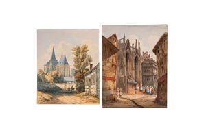 Lotto di due vedute europee con chiese gotiche