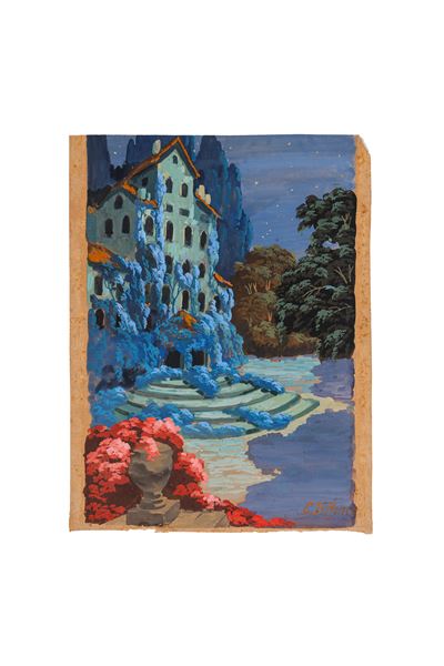 Notturno con villa, gouache su cartoncino