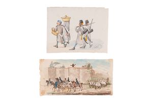 Lotto di due bozzetti con militari e cavallerizzi