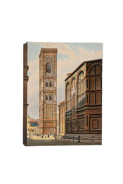 Autore ignoto, Firenze, veduta con il Campanile di Giotto e il Duomo, delineato acquerellato su c...
