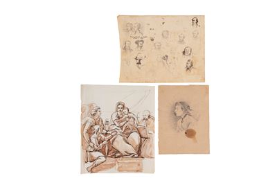 Studi di volti e Madonna con Bambino, matita e china su carta e cartoncino, XIX secolo