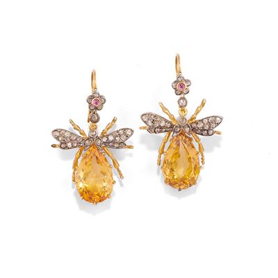 Orecchini in argento dorato 925 e oro giallo 14k con quarzi e diamanti
