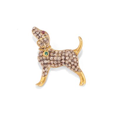 Spilla con cane in argento dorato 925 e oro giallo 14k