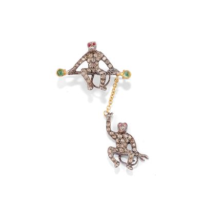 Spilla con scimmie, in argento 925 e oro giallo 14k con diamanti, smeraldi e rubini