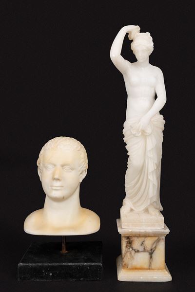 Scultore ignoto, Lotto composto da due sculture in alabastro: 'Venere al bagno' e bustino virile