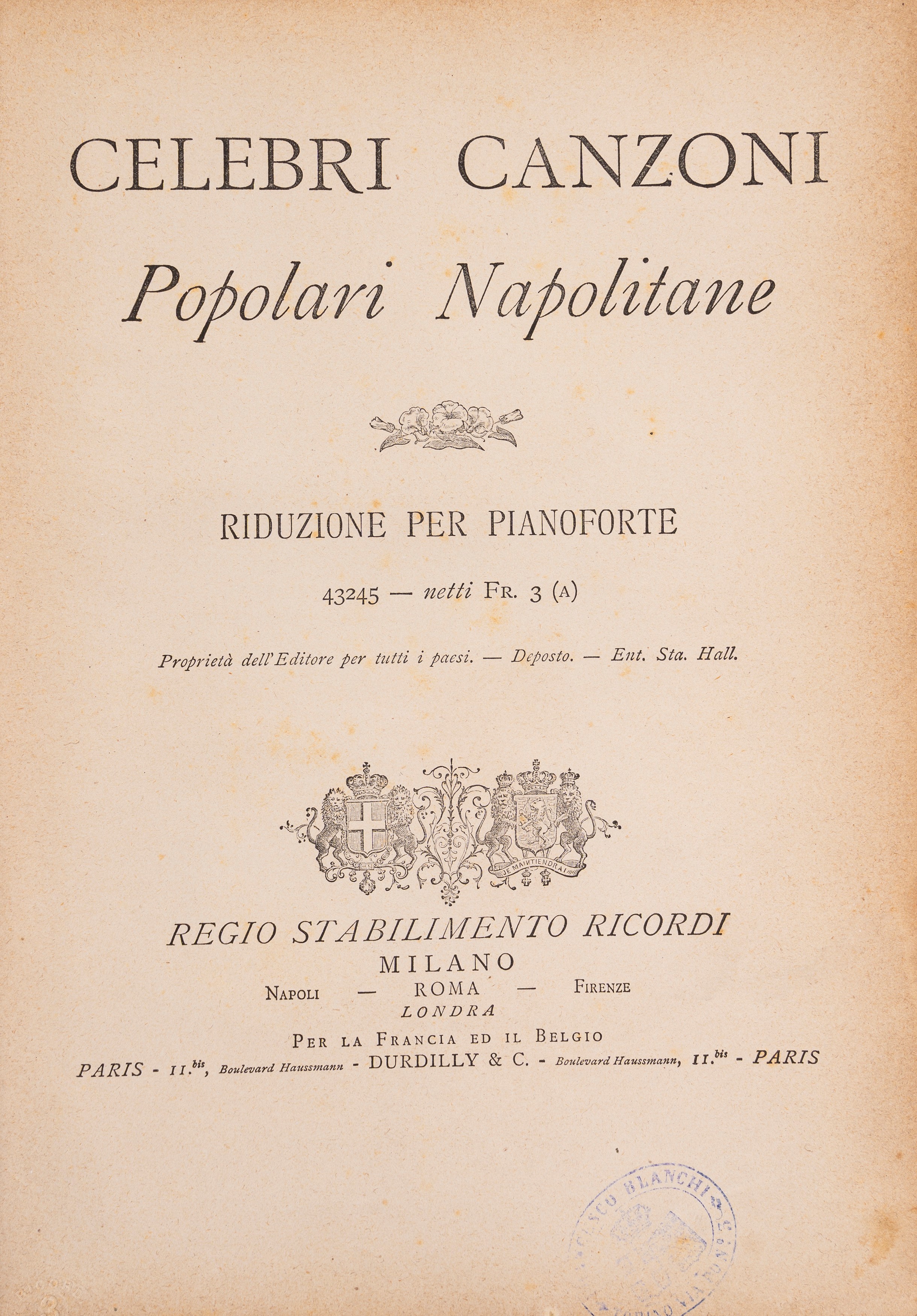 Celebri Canzoni Popolari Napolitane. Riduzioni per pianoforte