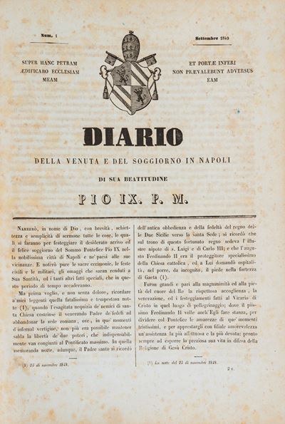 Diario della venuta e del soggiorno in Napoli di Sua Beatitudine Pio IX, serie di fascicoli stamp...