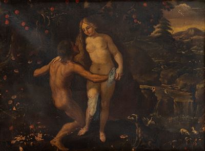Autore anonimo, Adamo ed Eva nel giardino dell'Eden, olio su tela