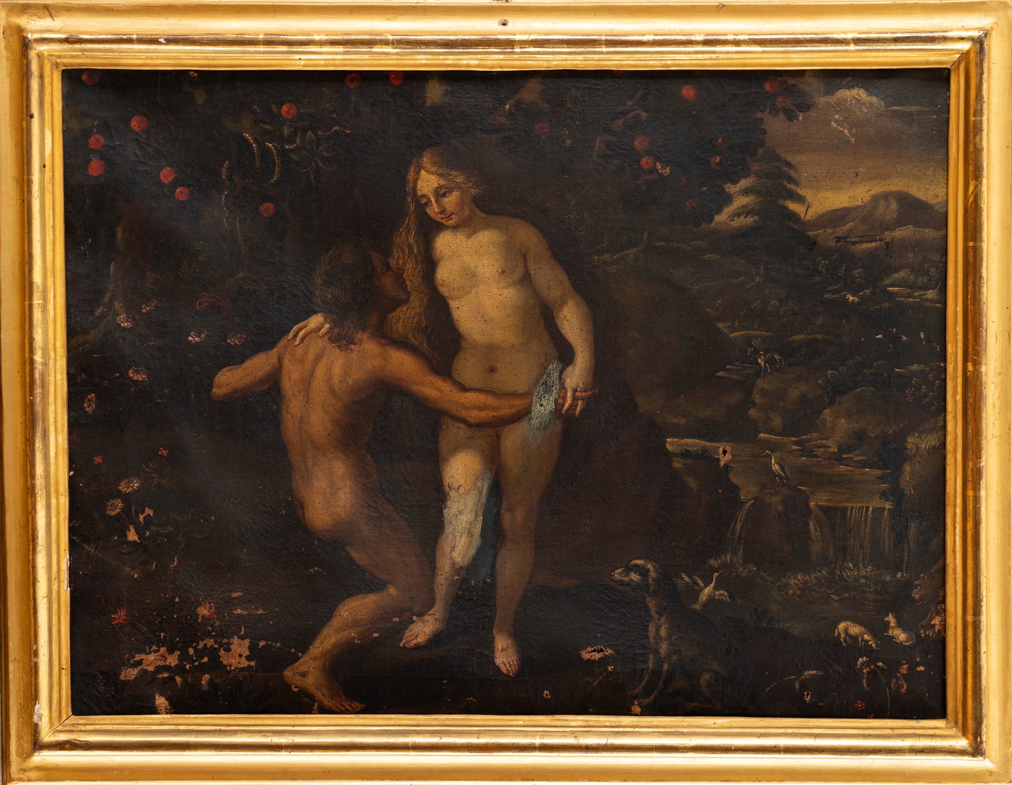 Scuola Fiamminga, Secolo XVII - Autore anonimo, Adamo ed Eva nel giardino dell'Eden, olio su tela