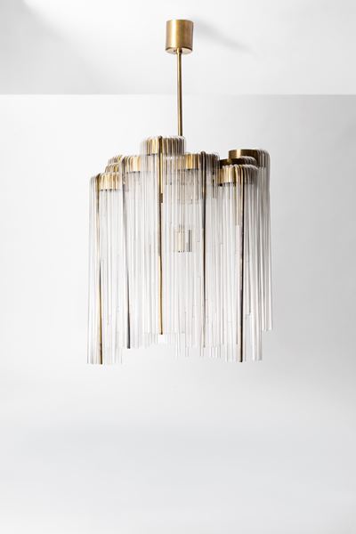 Lampadario in ottone e vetro soffiato, circa 1950