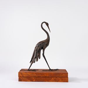 Scultura in bronzo raffigurante gru, inizi secolo XX