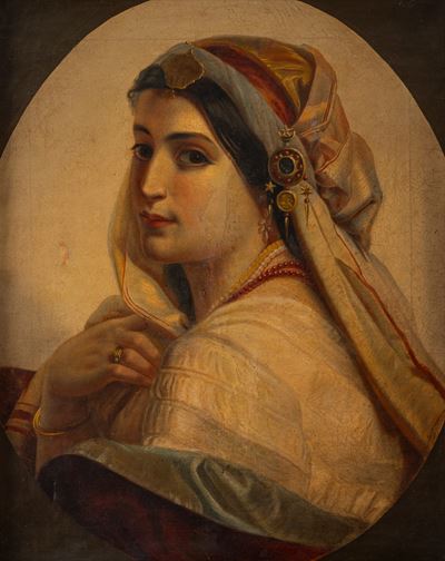 Ritratto di giovane donna in abiti orientali, olio su tela ovale