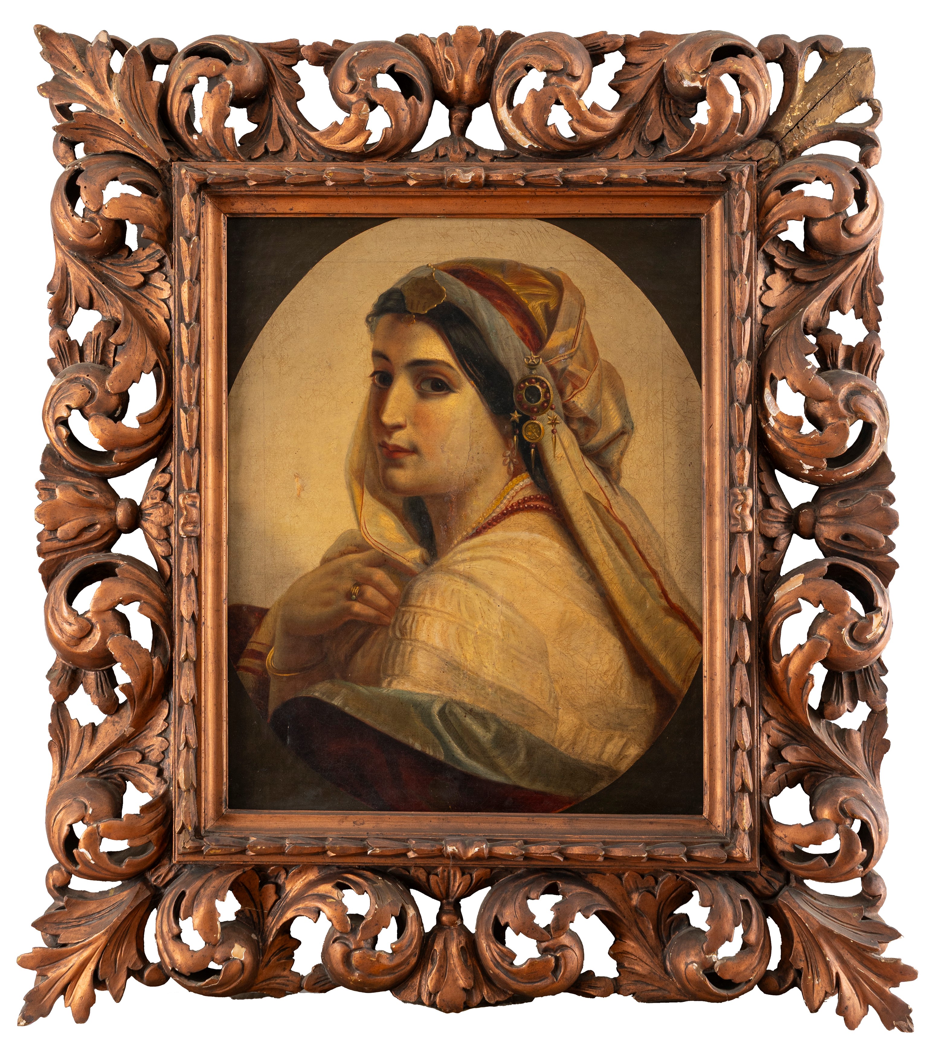 Pittore Orientalista, Secolo XIX - Ritratto di giovane donna in abiti orientali, olio su tela ova...