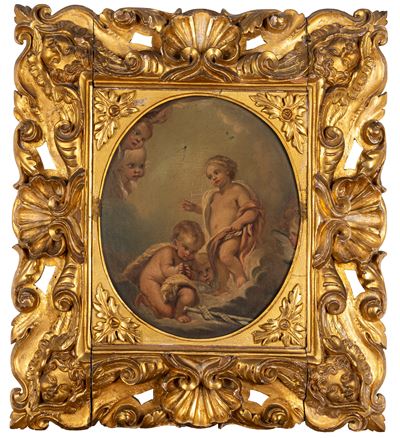 Anonimo, Gesù Bambino con San Giovannino e angeli, olio su cartone
