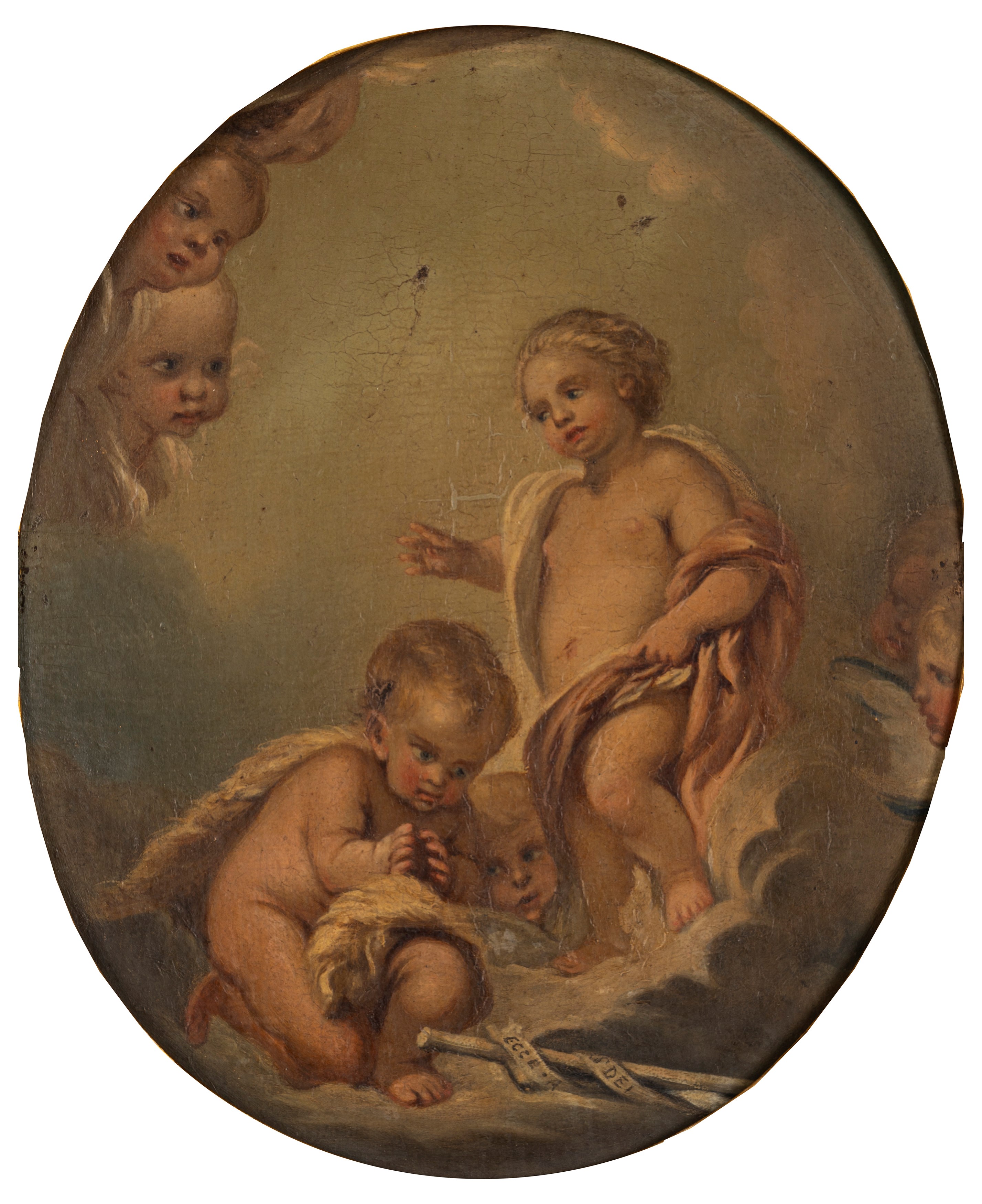 Scuola Italiana del XIX Secolo - Anonimo, Gesù Bambino con San Giovannino e angeli, olio su carto...