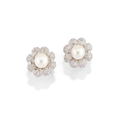 Orecchini a fiore, oro bicolore 18k con perle coltivate e diamanti