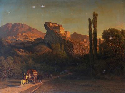 Copia da un Dipinto di Lev Lagorio, Metà XX Secolo, il Palazzo degli Shamkhali a Kafyr-kumukh, Ru...
