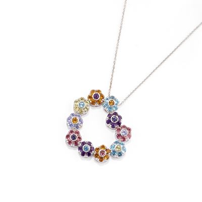Collana in oro bianco 18k con pendente decorato da pietre multicolori