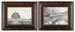 Due ricami su seta a monocromo raffiguranti vedute della Citt&agrave; Proibita, Cina secolo XX