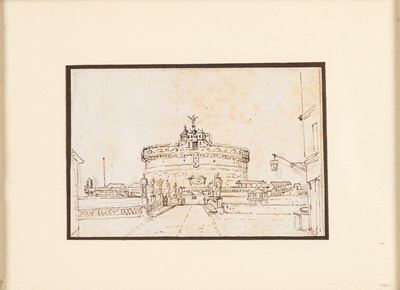 Autore non identificato, Veduta di Castel Sant'Angelo a Roma, matita e inchiostro bruno su carta