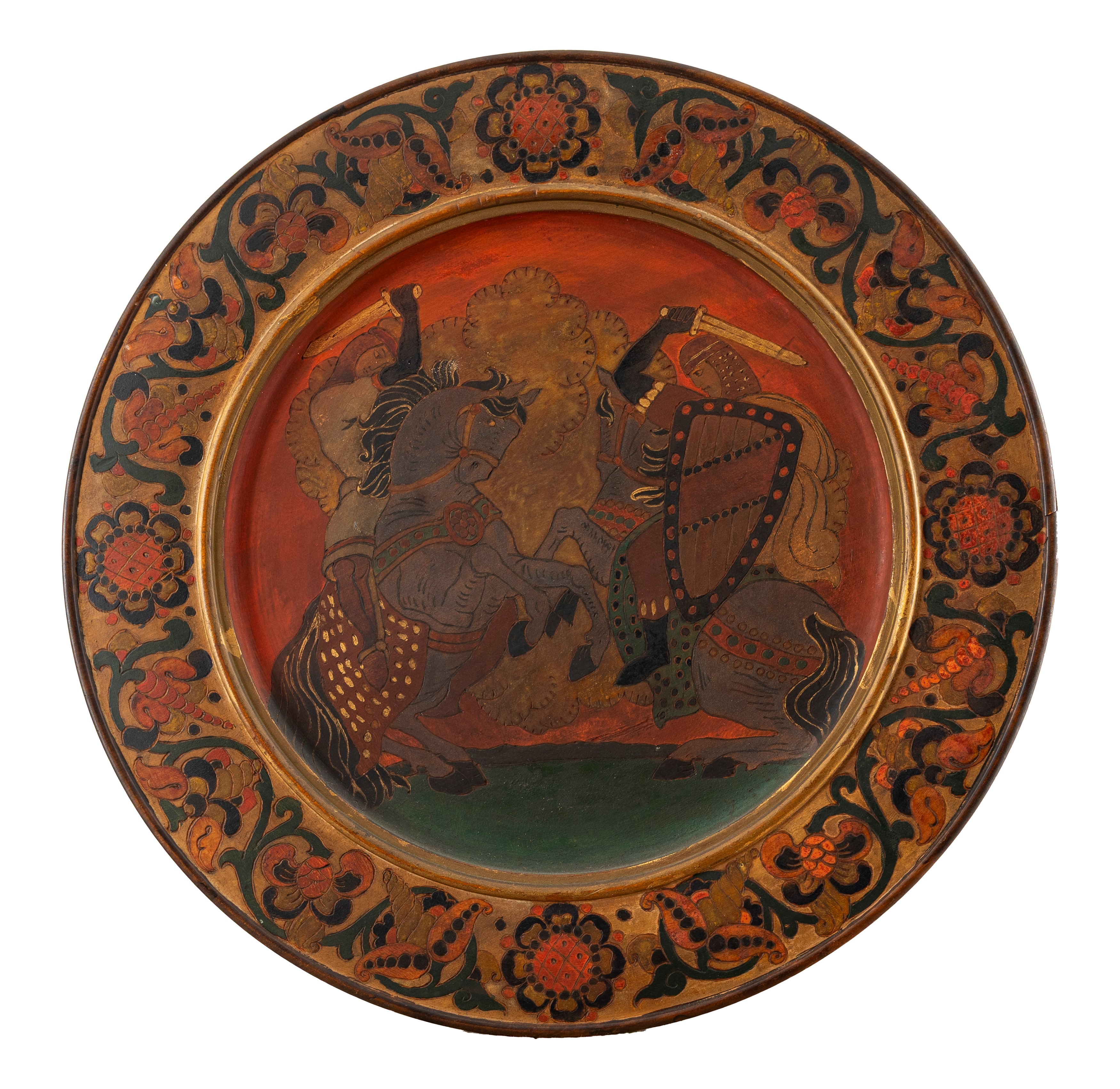 Piatti da parata in legno dipinto, Russia, inizio XX secolo, diametro cm 57,5