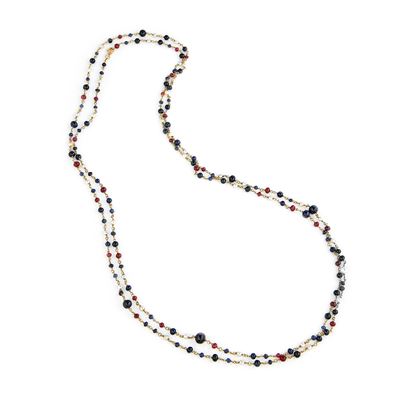 Collana sautoir in oro giallo 18k con boules alternate in zaffiri, rubini e perle