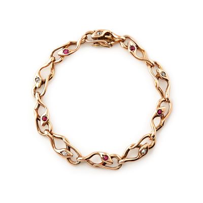 Bracciale con maglie a serpenti intrecciati in oro giallo 18k, diamanti e rubini