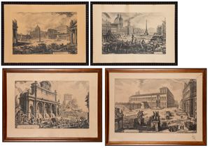 Quattro incisioni con vedute di Roma, da Giovanni Battista Piranesi