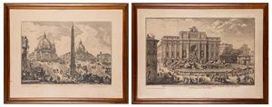 Due incisioni con vedute di Fontana di Trevi e Piazza del Popolo a Roma