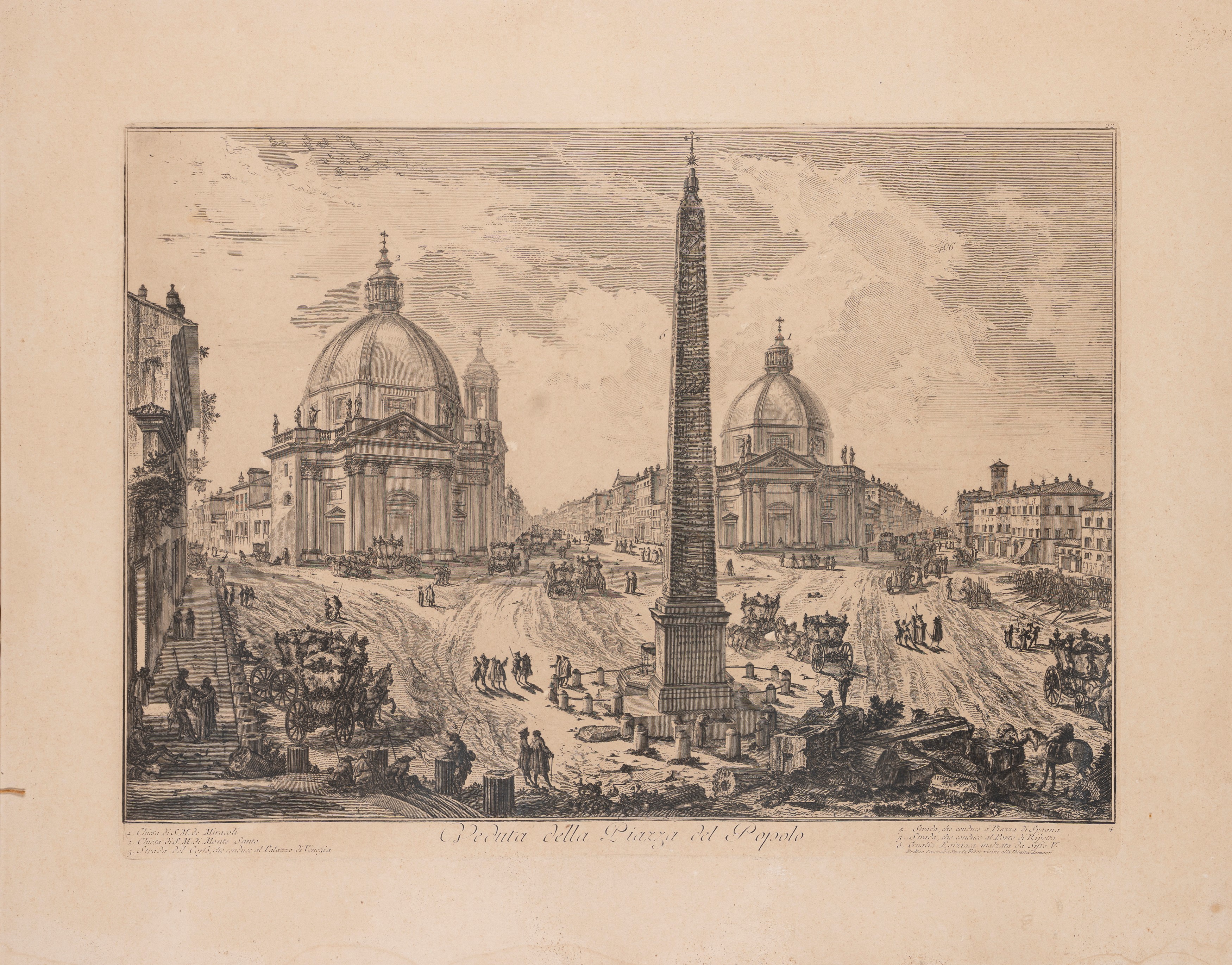 Incisioni di vedute romane: Fontana di Trevi e Piazza del Popolo, tecnica mista su carta