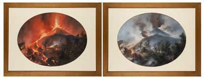 Scuola napoletana, Due gouaches su carta raffiguranti l'eruzione del Vesuvio
