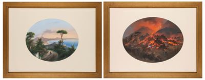 Scuola napoletana, Eruzione notturna del Vesuvio e Veduta del golfo di Napoli, gouache su carta