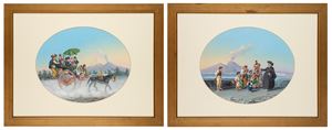 Due gouaches su carta raffiguranti scene di vita popolare a Napoli