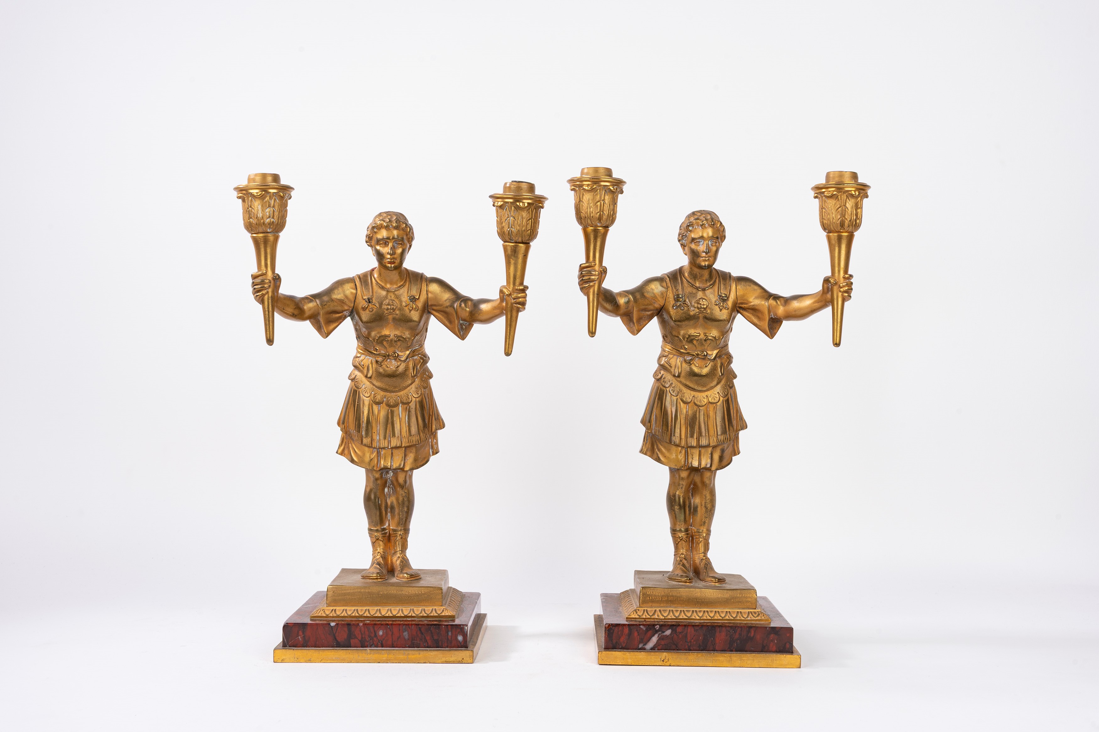 Set da scrivania in bronzo dorato e marmo rosso, secolo XIX