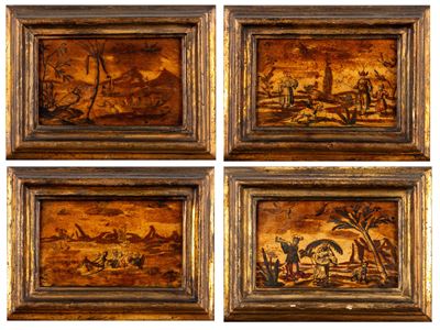 Incisioni colorate a mano applicate su tavola, motivi a chinoiserie, XIX secolo