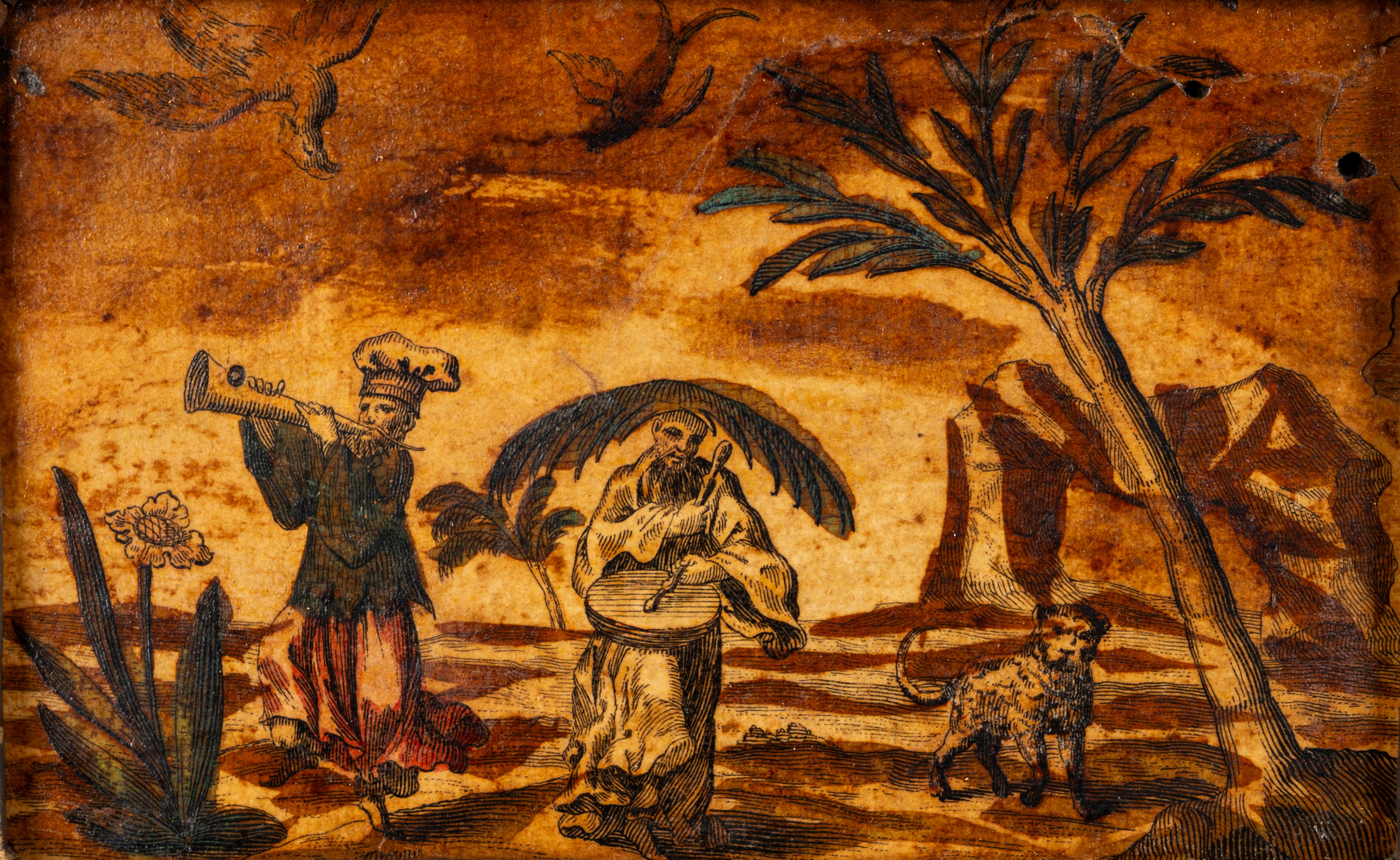 Incisioni colorate a mano applicate su tavola, motivi a chinoiserie, XIX secolo