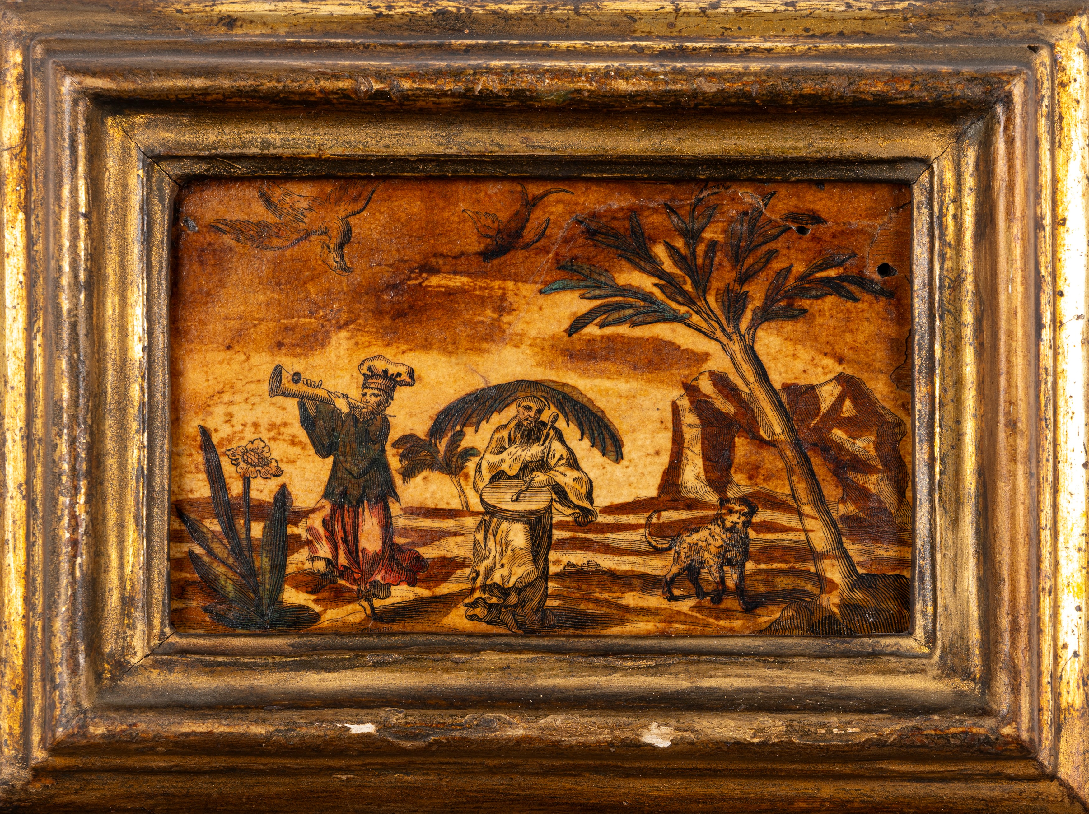 Incisioni colorate a mano applicate su tavola, motivi a chinoiserie, XIX secolo