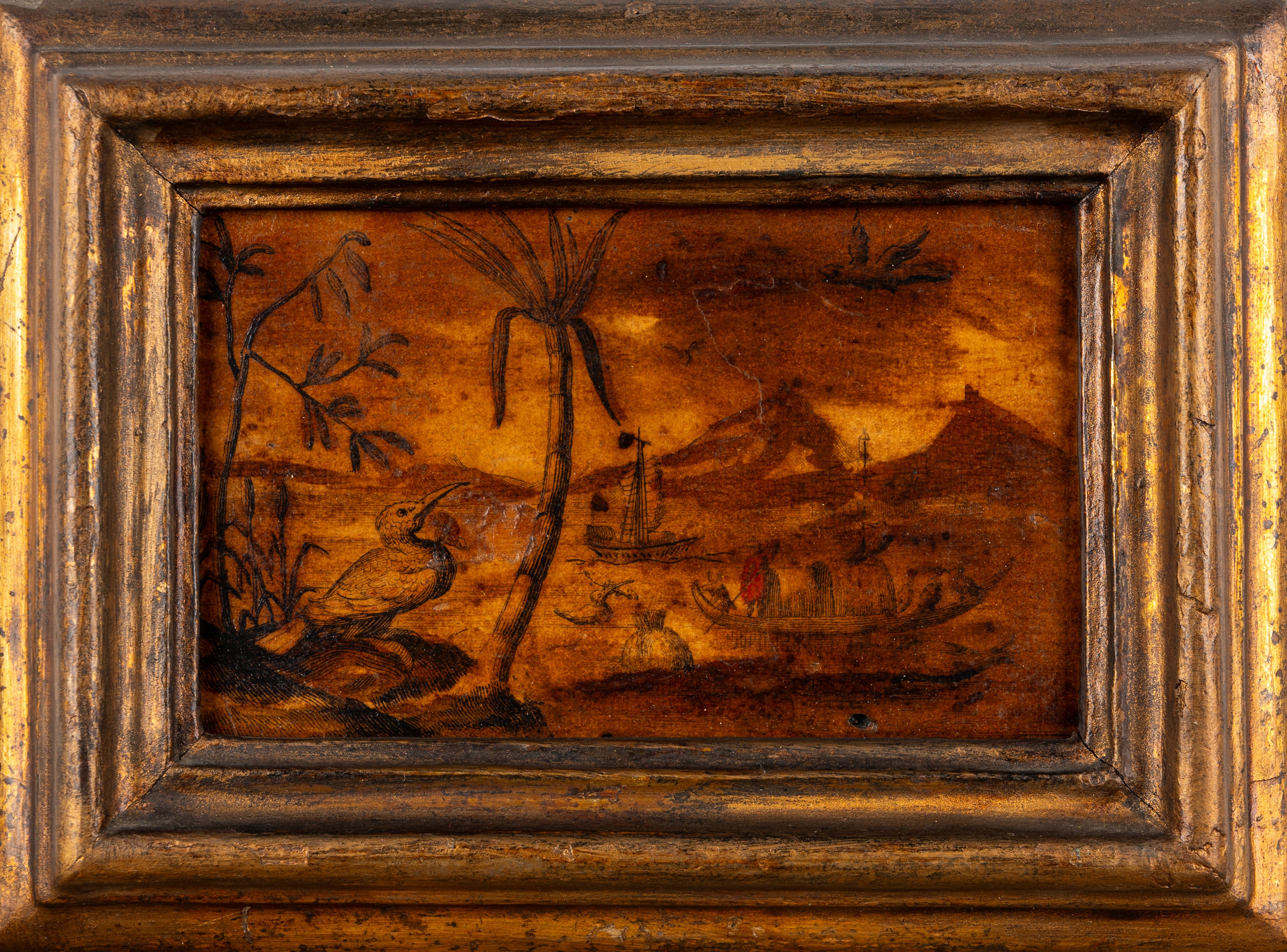 Incisioni colorate a mano applicate su tavola, motivi a chinoiserie, XIX secolo