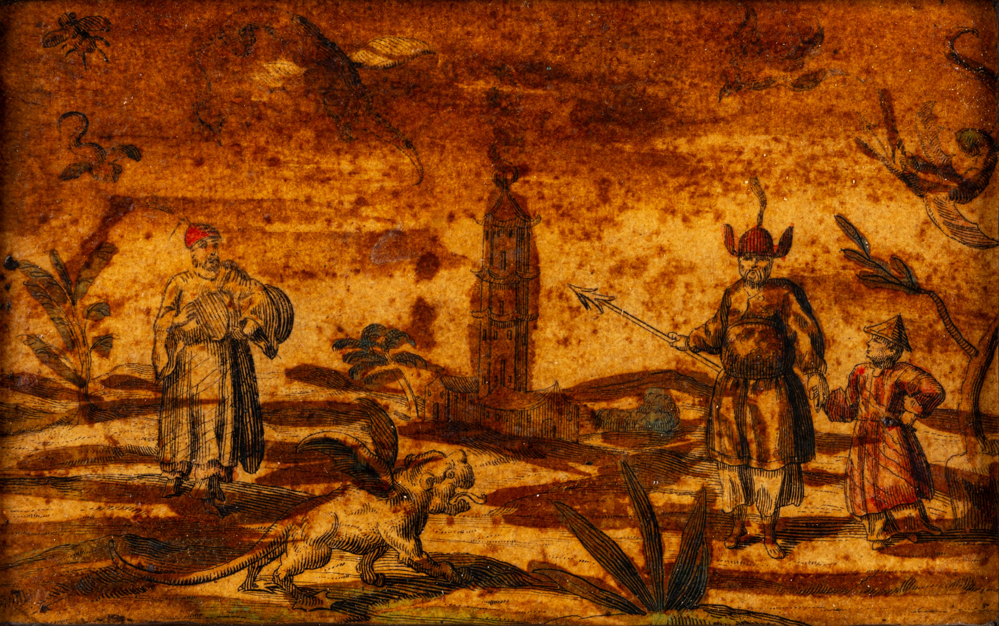 Incisioni colorate a mano applicate su tavola, motivi a chinoiserie, XIX secolo