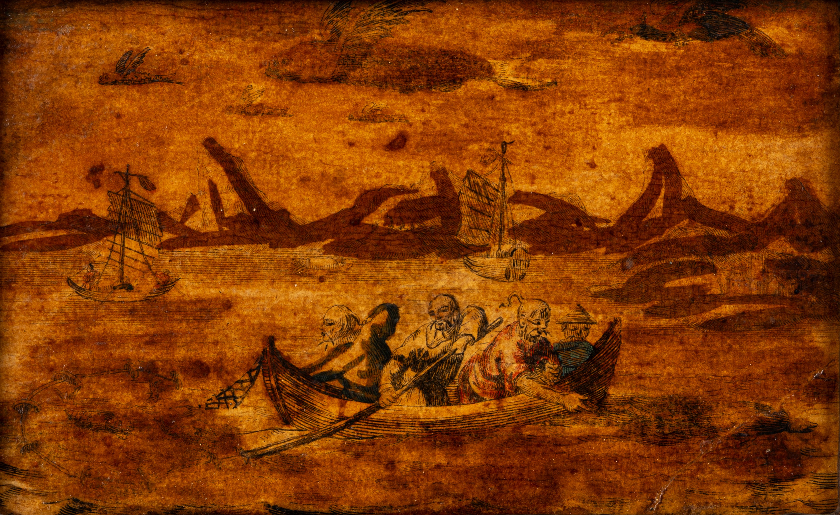 Incisioni colorate a mano applicate su tavola, motivi a chinoiserie, XIX secolo