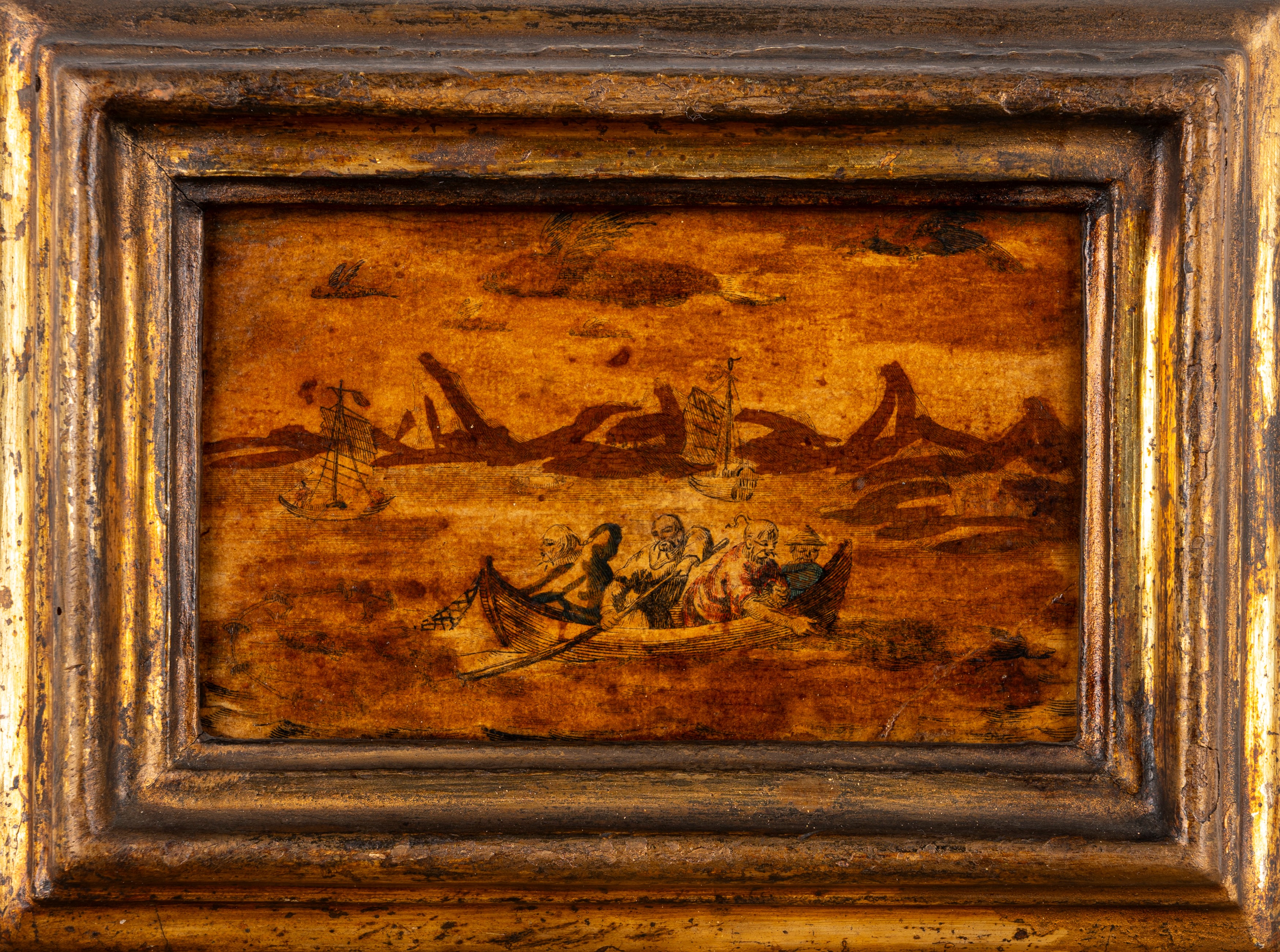 Incisioni colorate a mano applicate su tavola, motivi a chinoiserie, XIX secolo