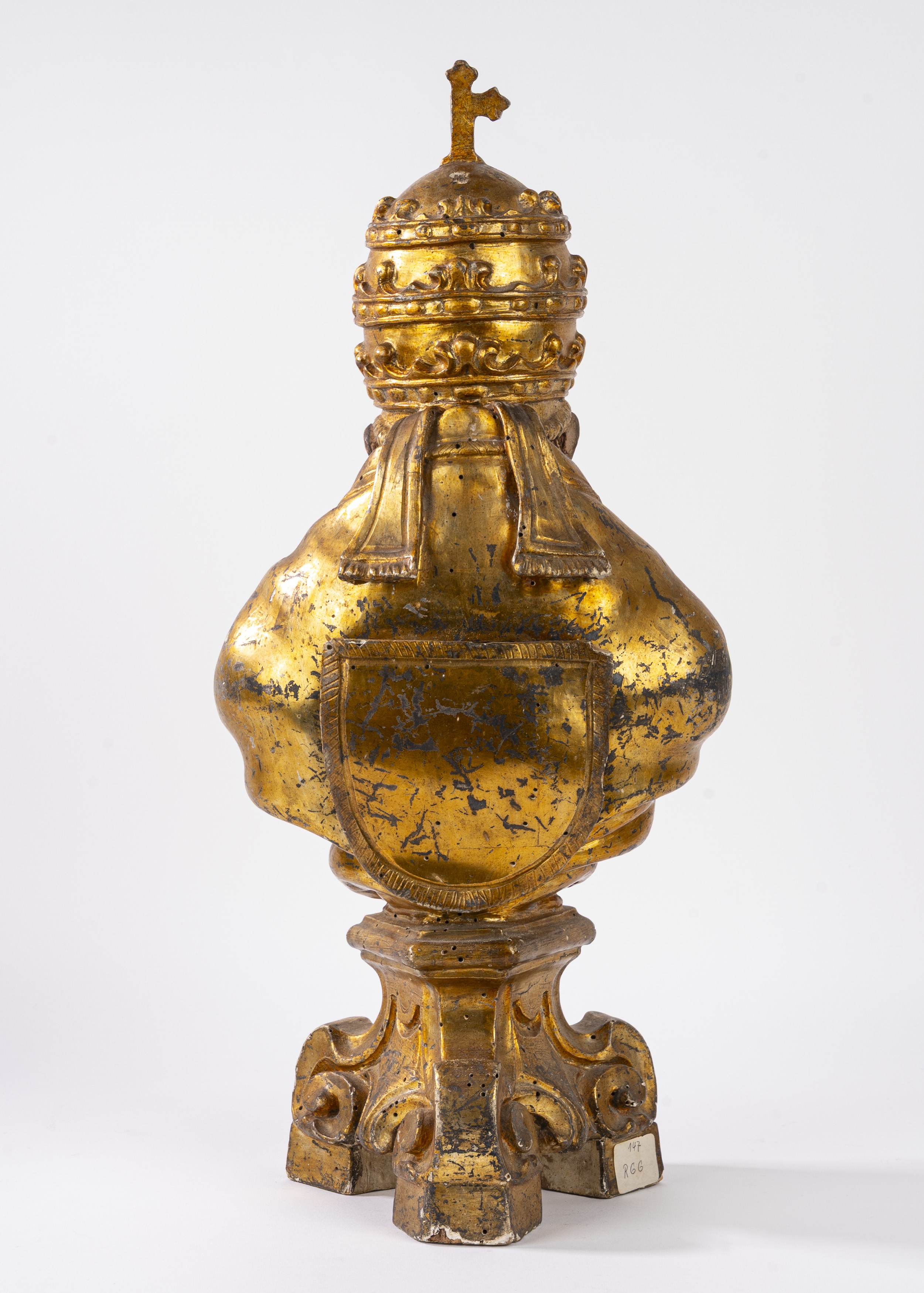 Busto reliquiario in legno laccato e dorato raffiguarante Santo Papa, secolo XVIII