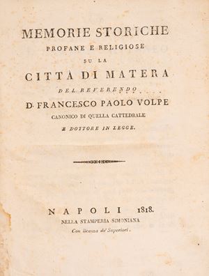 Memorie storiche profane e religiose su la CItt&agrave; di Matera