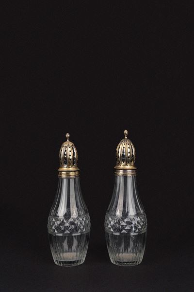 Coppia di spargizucchero in cristallo e argento, Russia, secolo XIX
