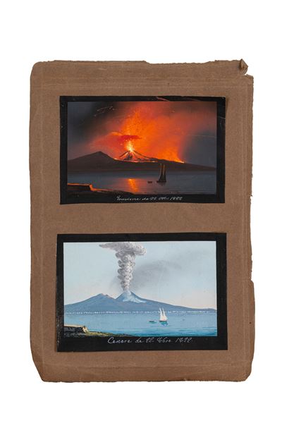 Scuola napoletana, Due gouaches su carta raffiguranti vedute del Vesuvio in eruzione, XIX secolo