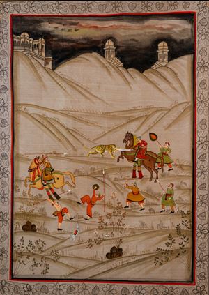 Dipinto su seta raffigurante scena di caccia alla tigre