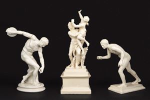 Lotto composto da tre sculture in maiolica bianca: Discobolo, Corridore e Ratto di Proserpina