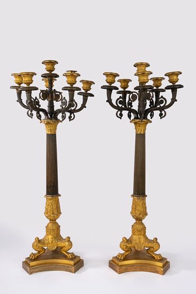 Impero, Coppia di candelabri a sei luci in bronzo dorato e patina scura, secolo XIX