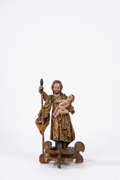 Santo pellegrino con Bambino, scultura in legno policromo, secoli XVII - XVIII