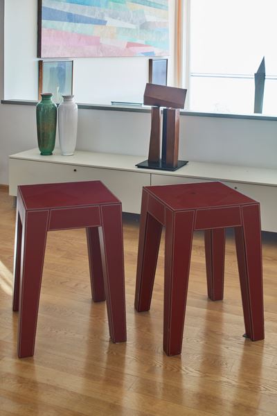 Coppia di comodini, pelle e legno, manifattura italiana, 2010 circa